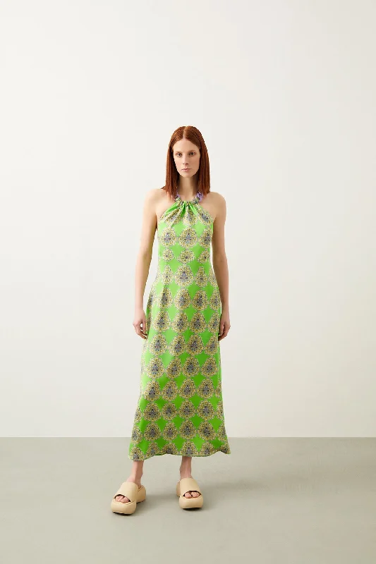 Green Patterned Halter Collar Sleeveless Maxi Dress Tulle Layered Maxi