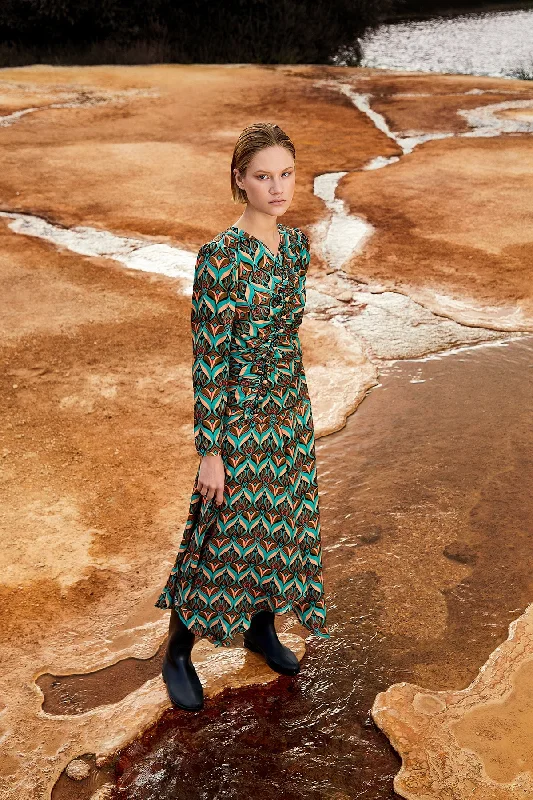 Green Patterned Long Sleeve Maxi Dress Bold Maxi Skirt