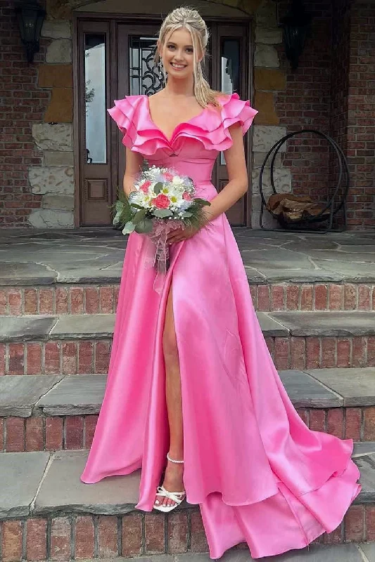 Hot Pink V-Neck Ruffle A-Line Long Prom Dress Elegant Long Skirt