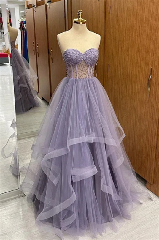 Lilac Strapless Beaded Ruffle-Layers Tulle Long Prom Dress Long Boho Skirt