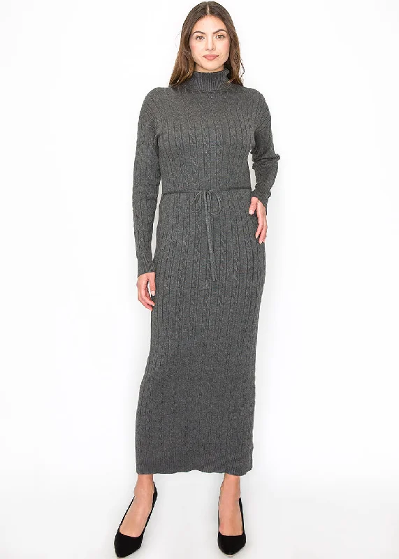 Long Grey Knit Dress with Belt Boho Maxi Skirt