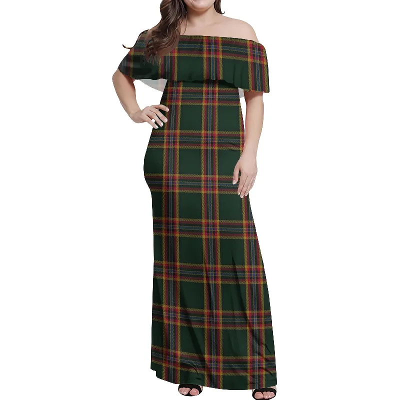 Moran Tartan Off Shoulder Long Dress Stretch Maxi Skirt