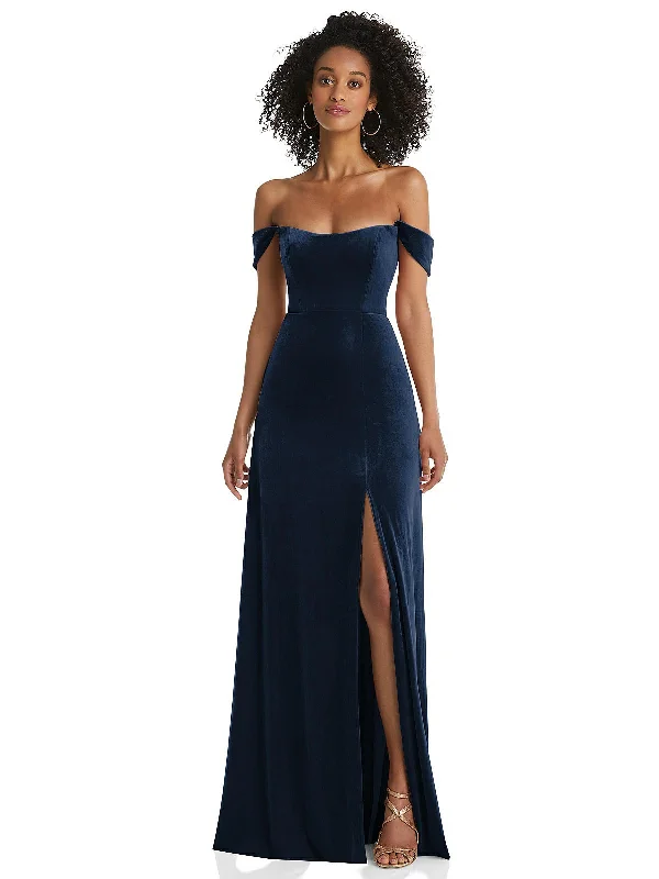 Off-the-Shoulder Flounce Sleeve Velvet Maxi Dress Tulle Maxi Skirt