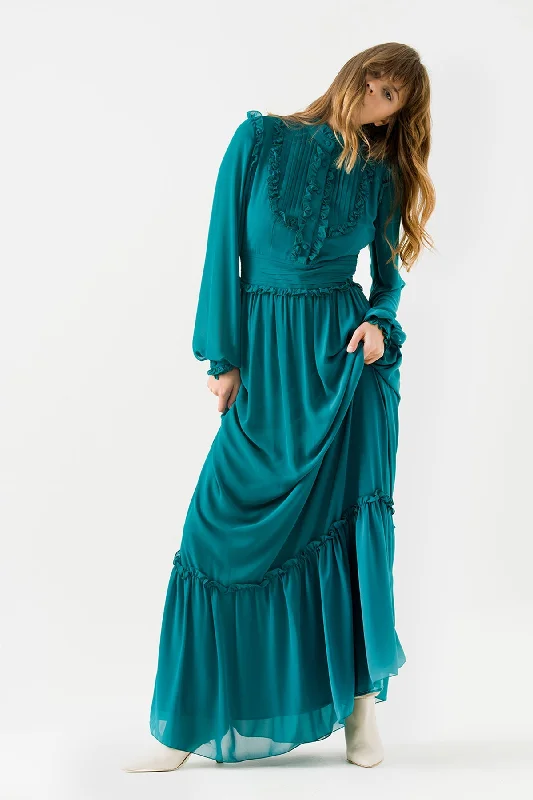 Oil Blue Draped Long Chiffon Dress Formal Maxi Outfit