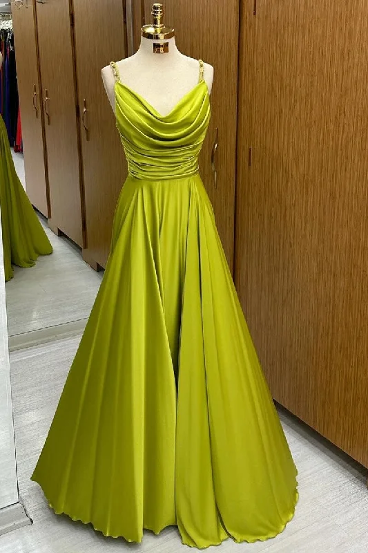 Olive Green Cowl Neck Chain Strap A-Line Long Prom Dress Ruffle Long Maxi