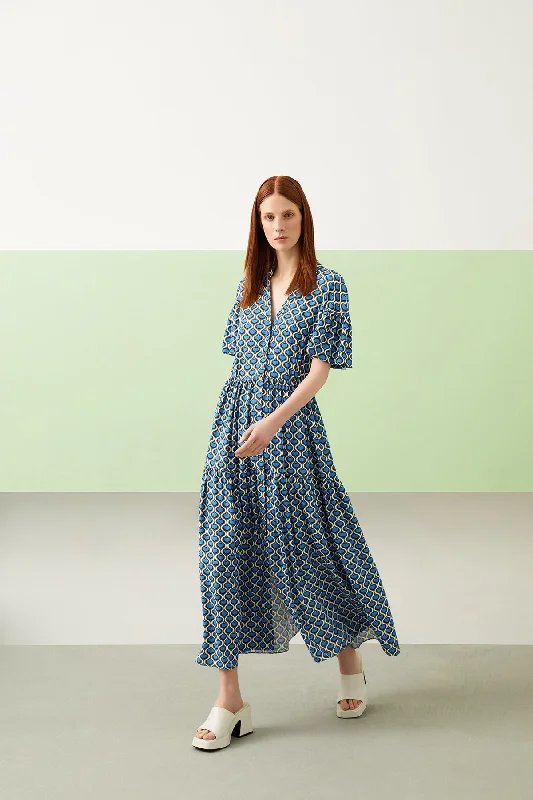 Patterned Short Sleeve Button Maxi Dress Front Slit Skirt