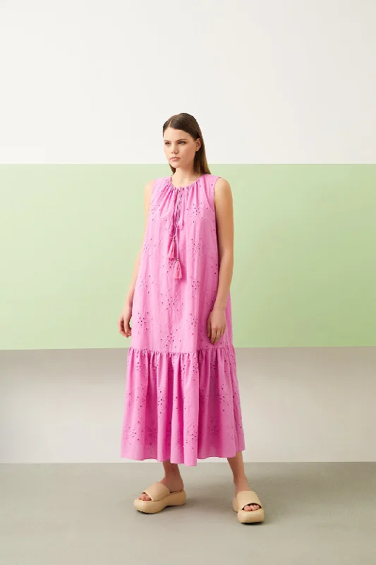 Pink Scalloped Casual Cut Sleeveless Maxi Dress Stretch Maxi Skirt