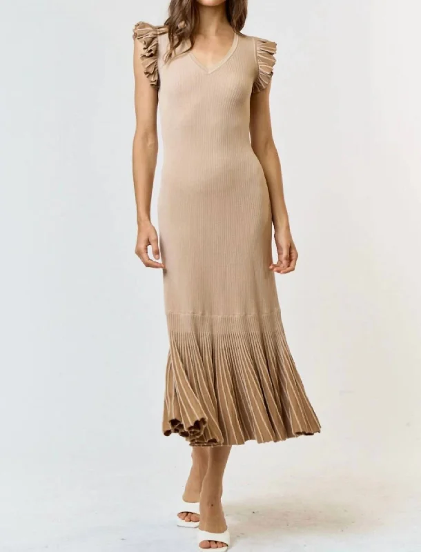 Ruffle Sleeve Pleated Mermaid Sweater Maxi Dress In Tan Button-down Maxi Skirt