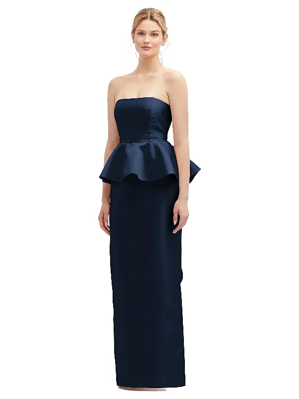 Strapless Satin Maxi Dress with Cascade Ruffle Peplum Detail Maxi Skirt Outfit