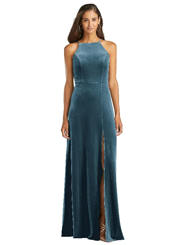 Velvet Halter Maxi Dress with Front Slit - Harper Printed A-line Maxi