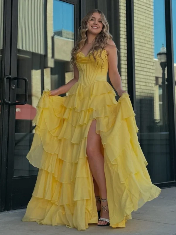 Yellow Strapless A-Line Ruffle Long Prom Dress With Split Skater Maxi Skirt