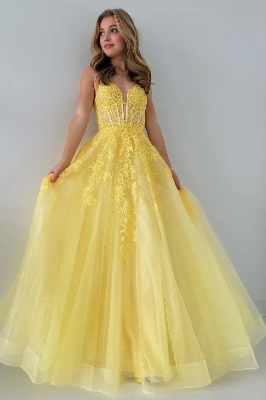 Yellow Tulle Appliques Lace-Up A-Line Long Prom Dress Long Floral Skirt