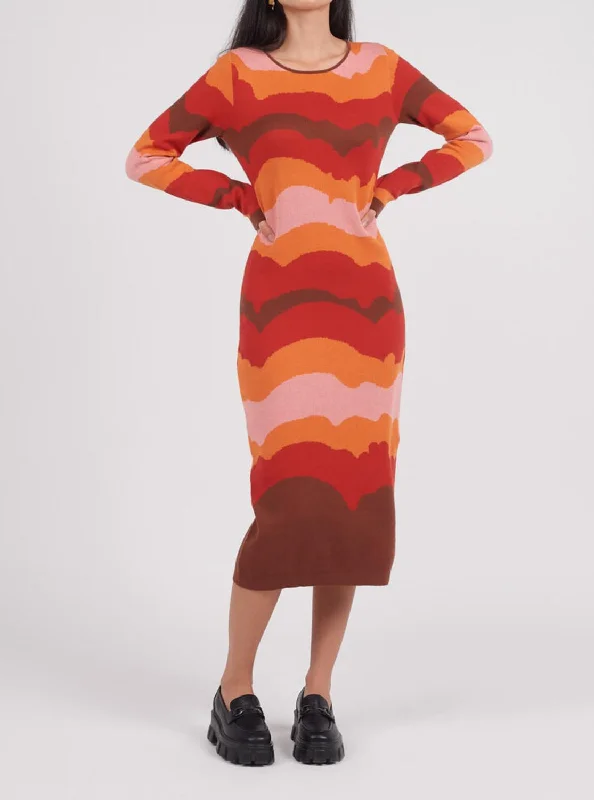 Organic Cotton Sunset Knit Midi Dress In Multi Printed Midi Outfit