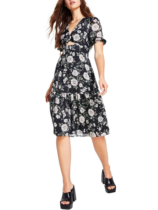 Womens Cutout Calf Midi Dress Pleated Floral Midi