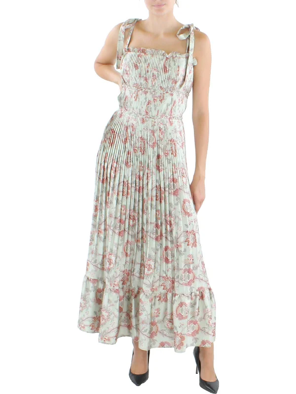 Womens Shutter Pleat Long Midi Dress Ruffled Floral Skirt