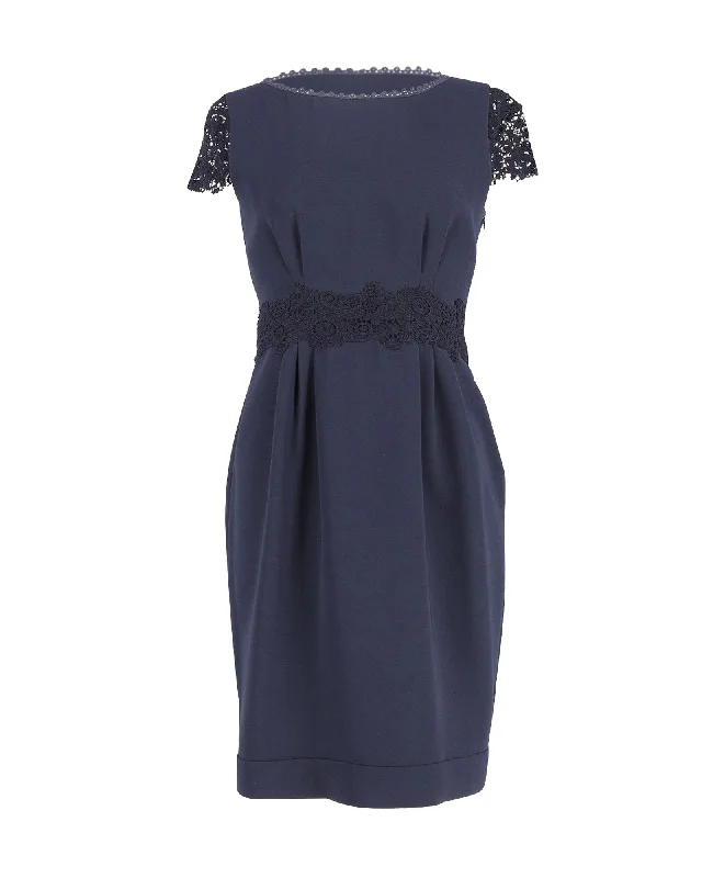 Alberta Ferretti Lace-Trimmed Shift Dress in Navy Blue Polyester Lace Gown Style