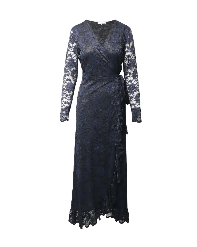 Ganni Flynn Ruffle Lace Wrap Dress in Navy Blue Polyamide Off-the-shoulder Lace