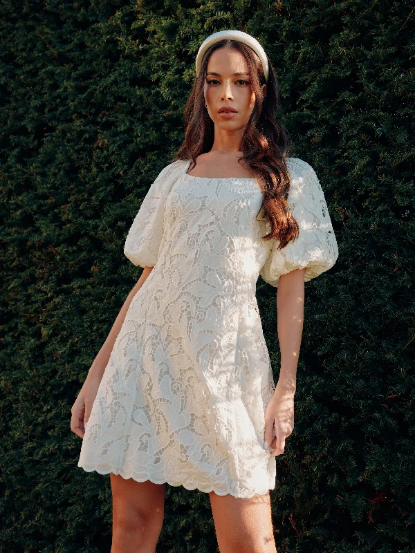 Ivory Lace Puff Sleeve Square Neck Dress Simple Lace Dress