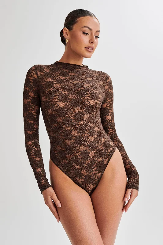 Renata Lace Long Sleeve Bodysuit - Chocolate Floral Lace Dress